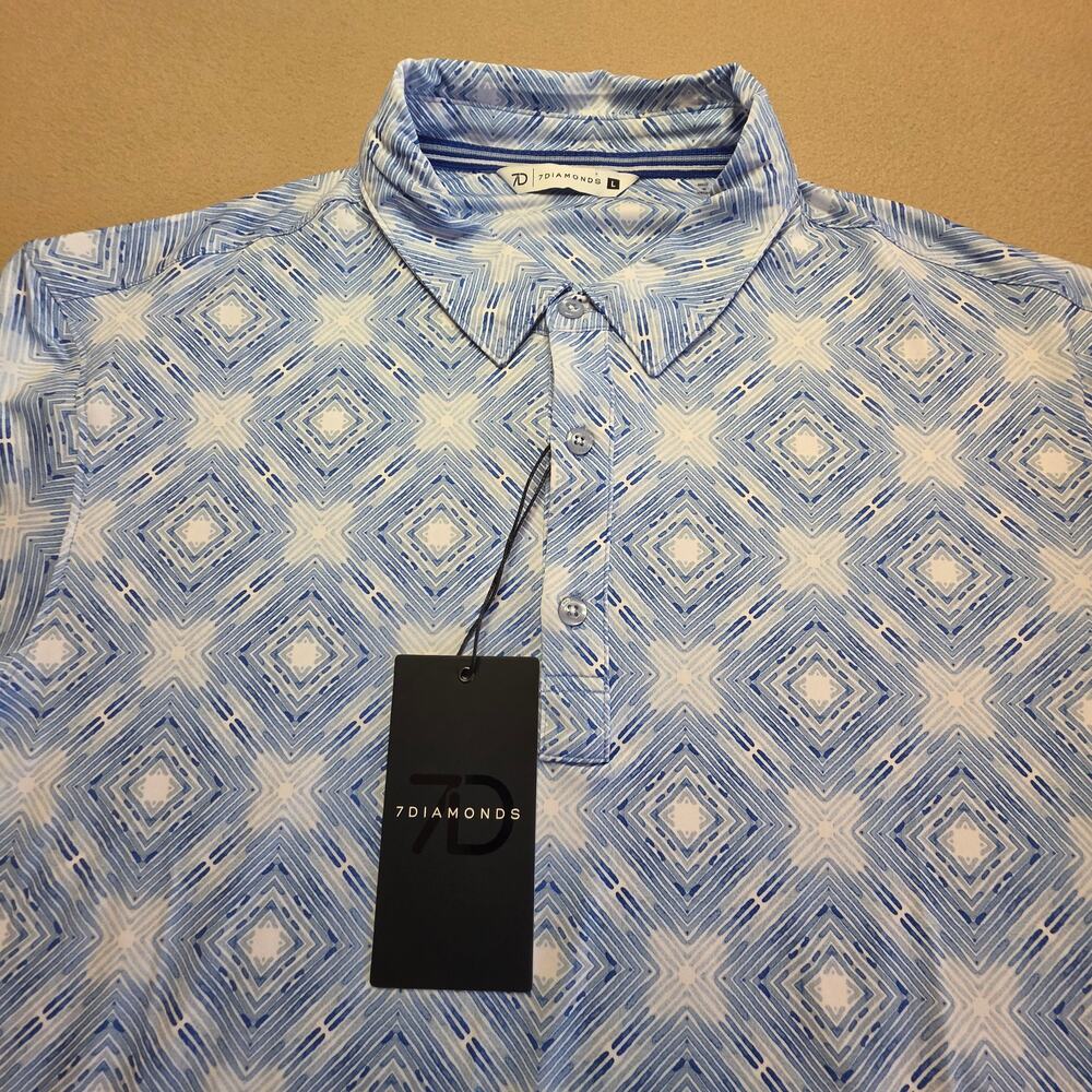 7 Diamonds Polaris Performance Golf Polo Blue White Sz Large NWT